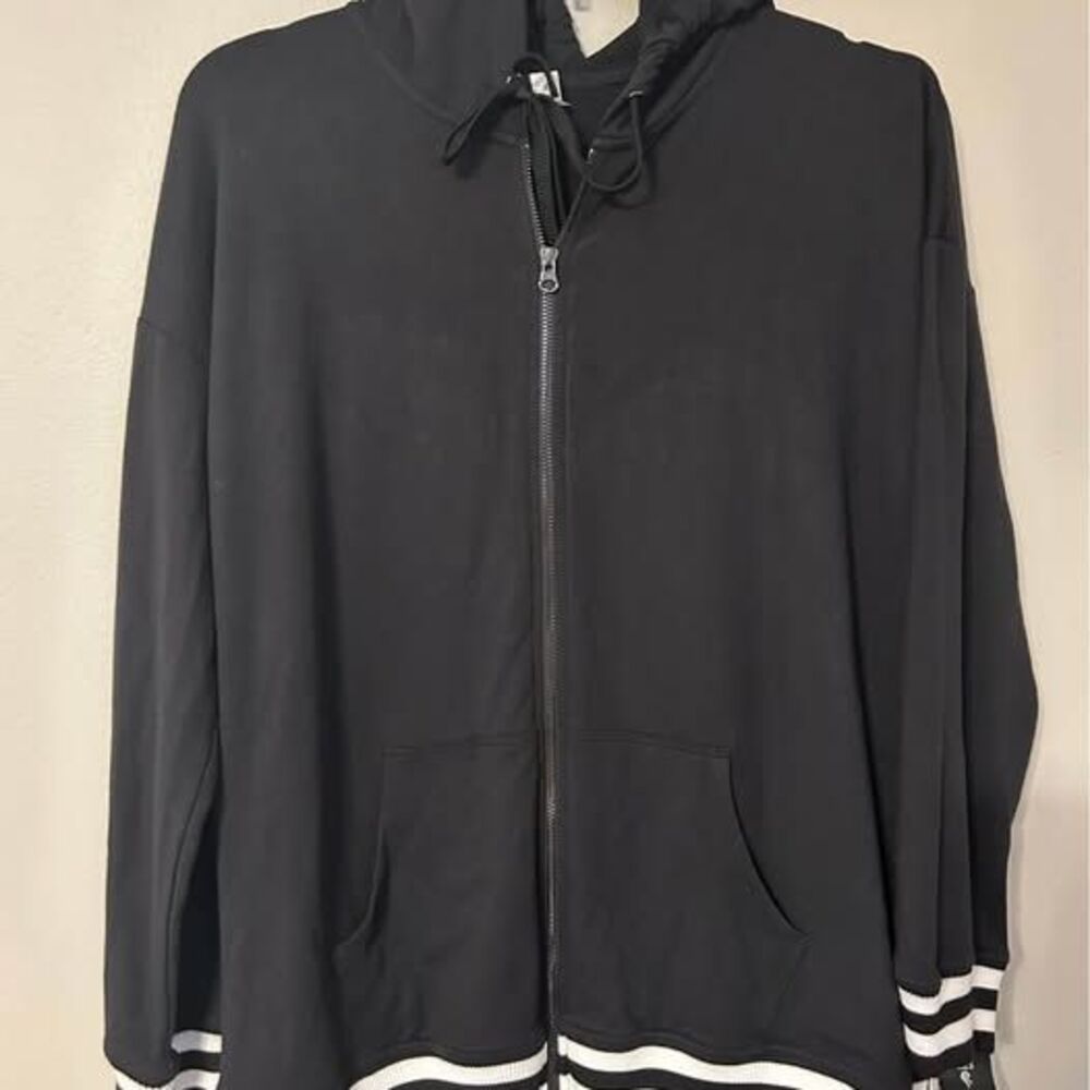 Ideology Women’s XL Black Full Zip Hoodie Striped Trim NWT Longline
